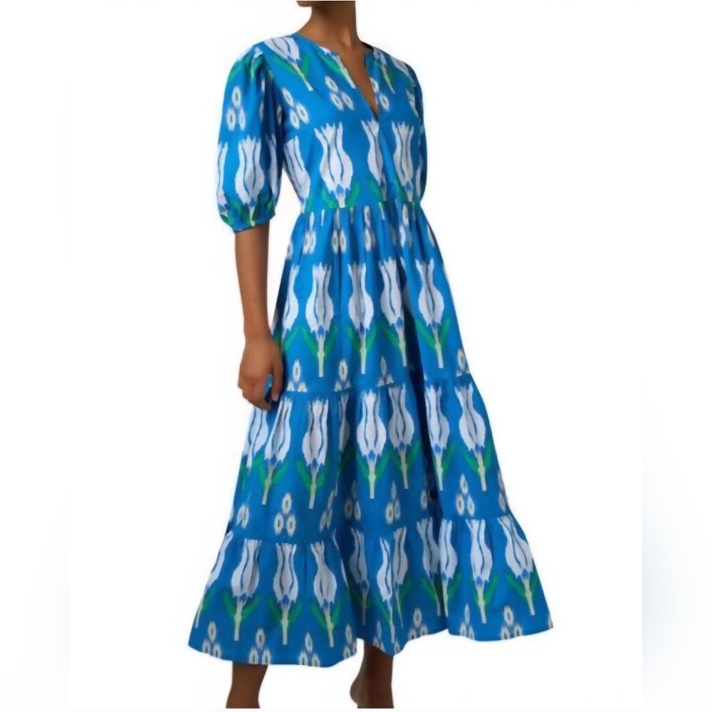 Oliphant Printed Tulip Pocketed Puff Sleeve Maxi Dress With Matching Belt Sz L